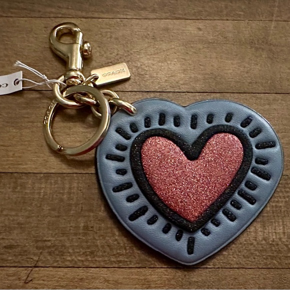 Coach X Keith Haring Glitter Heart Keychain Fob Bag Charm - Picture 4 of 6
